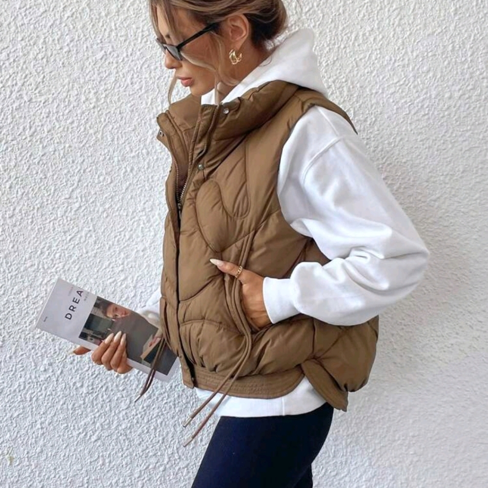 Women's Wind Resistant High Collar Drawstring Short Vest Jacket - Picture 2 of 4
